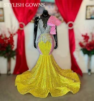 sparkly yellow o neck long prom dresses 2022 for black girls beaded birthday party dress pink ruffles evening gowns robe de bal