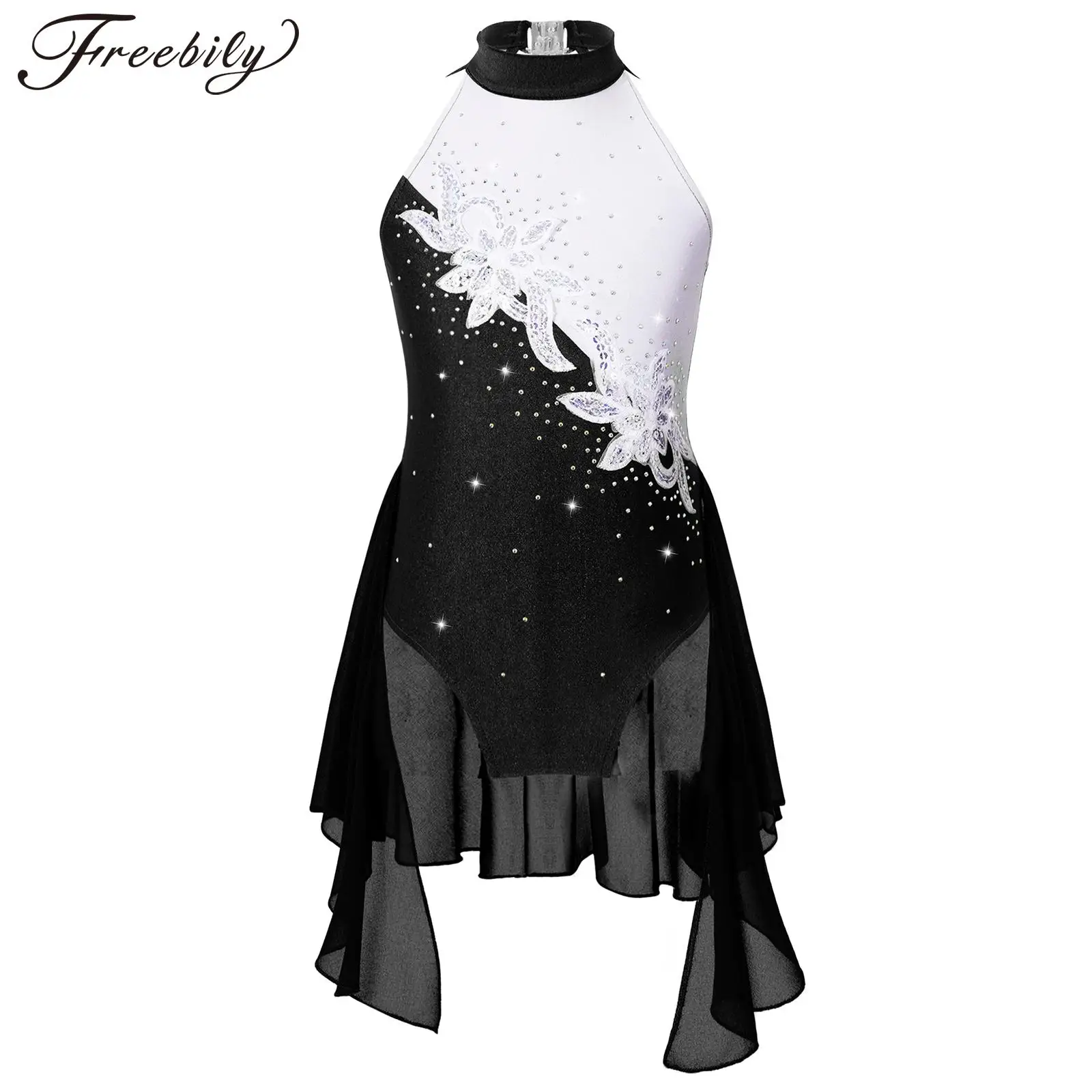 

Kids Girls Ballet Gymnastics Leotard Dress Rhinestone Sequins Figure Ice Skating Dancewear Ballerina Lyrical Dance Stage Costume