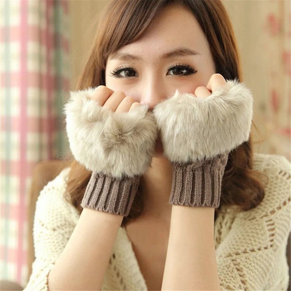 

New 2022 Women Females Winter Gloves Plush Faux Fur Knitting Wool Keep Warm Short Mitten Fingerless Lady Girl Half Finger Gloves
