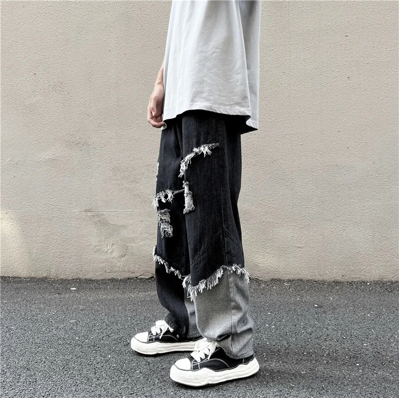 Spliced Holes Distressed Fray Men Denim Jeans Pants Ins Vibe Chic Streetwear Handsome Straight Trousers Plus Size S-XXXL Pants