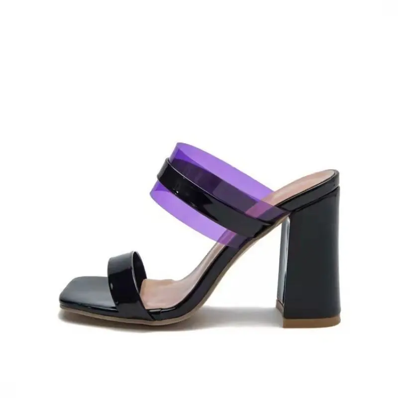 

HOT SALE New Summer European Americ Leisure High-heeled Slippers Thick Heeled Sandals Transparent Women Shoes Simple Shopping