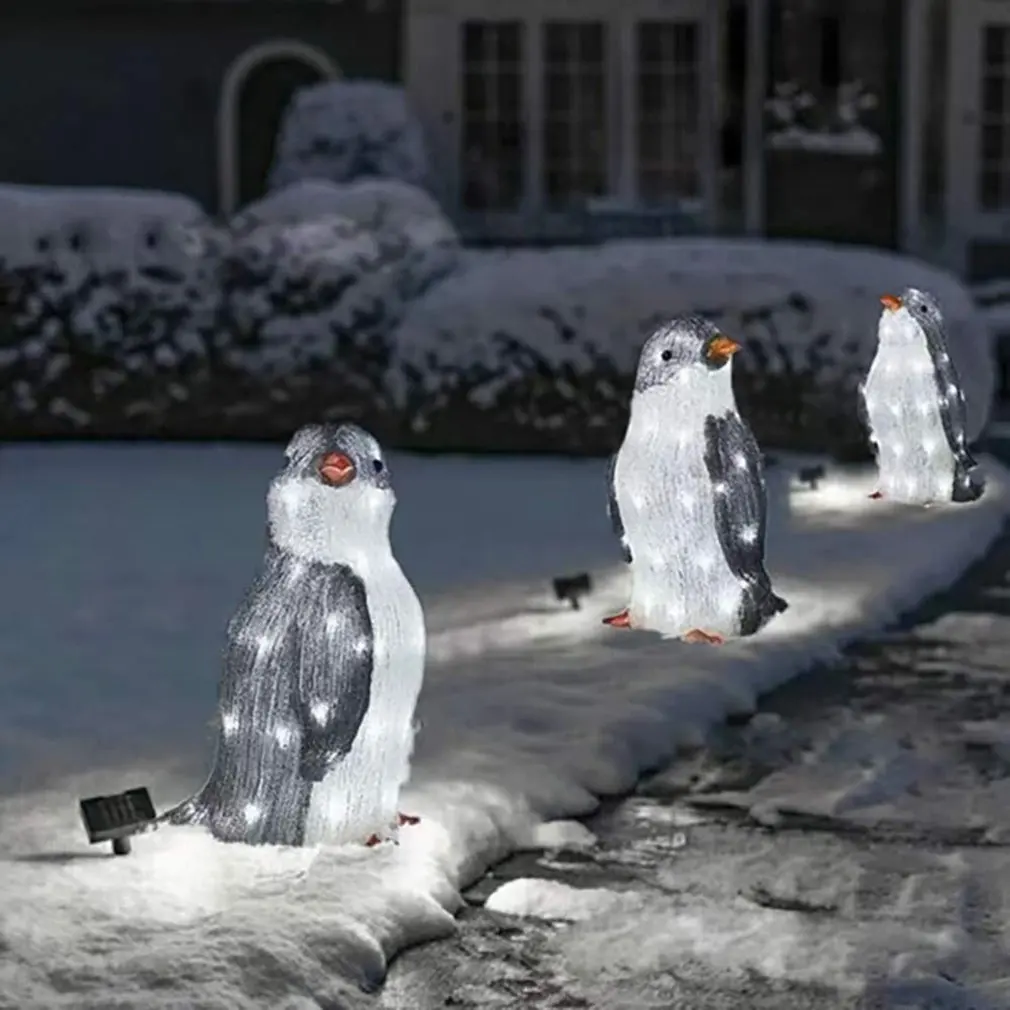 

3pcs Penguin Christmas Decoration Garden Furnishings Acrylic Luminous PVC Penguin Decoration With LED Mini Lights Yard Decor