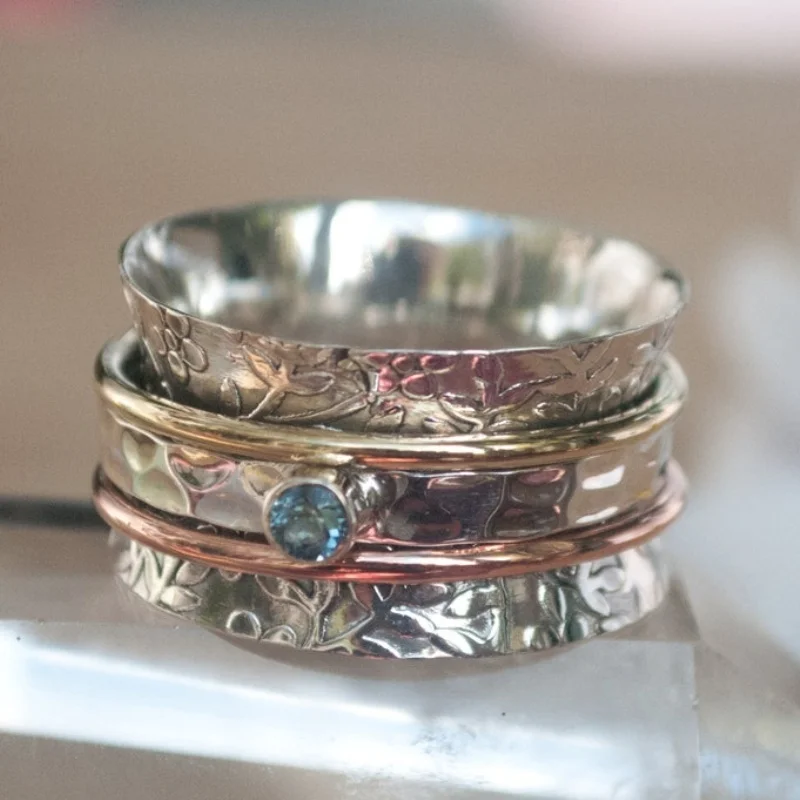 

Vintage Silver Meditation Ring Blue Topaz Spinner Spinning Statement Rings