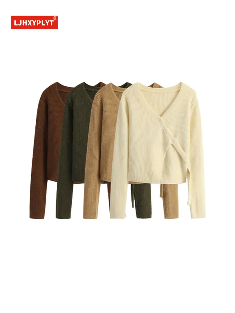 

Irregular Diagonal Button V Neck Long Sleeve Knitted Sweater Cardigan Women Spring Autumn New Chic Short Thin Knit Coat Female