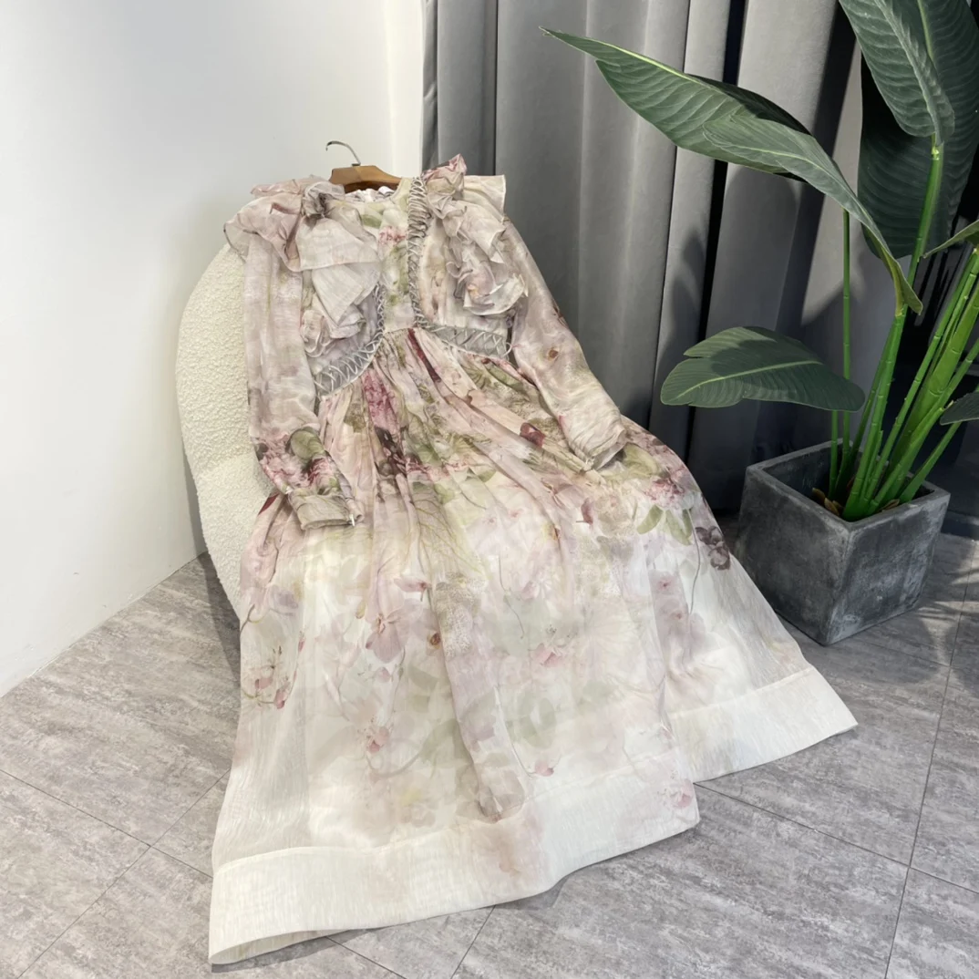 

Latest 2022 Autumn Top Quality Linen Silk Pink Floral Print Ruffle Shoulder Cross String Beading Princess Midi Dress Women