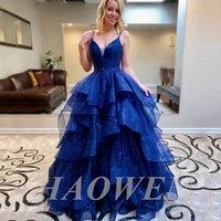 haowen royal blue elegant sparkly prom dresses a line layered ruffled tulle cross back robes de soir%c3%a9e evening gowns for women