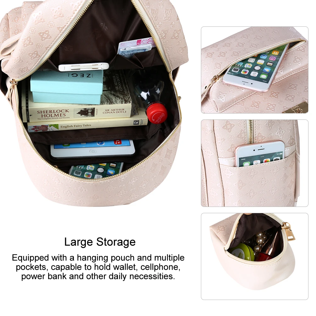 2 in 1 Women Backpack PU Leather Shoulders Bag Chic School Bags Portable Travel Daypack with Hanging Pouch, Beige