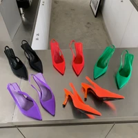 fashion solid silk pointed toe elastic band slip on women shoes sexy thin high heel party dress pumps slingbacks 35 41