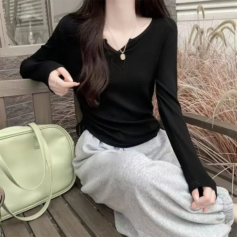 Long Sleeve T-shirts for Women Shirring Autumn V-neck Tops Fashion Korean Style Female Sweet All-match Leisure Simple Basic Tees