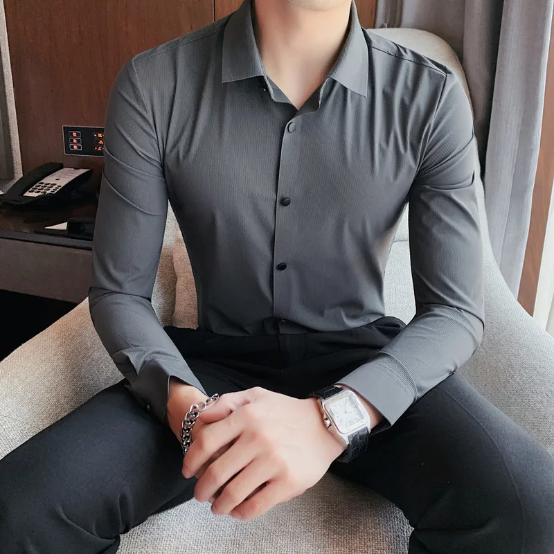 Classic Solid Color Shirts Men 2022 Autumn Long Sleeve Slim Casual Shirt Ice Silk Seamless High Elasticity Shirts Chemise Homme