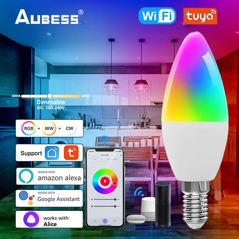 

Умная Светодиодная лампа Aubess Tuya E14 с поддержкой Wi-Fi