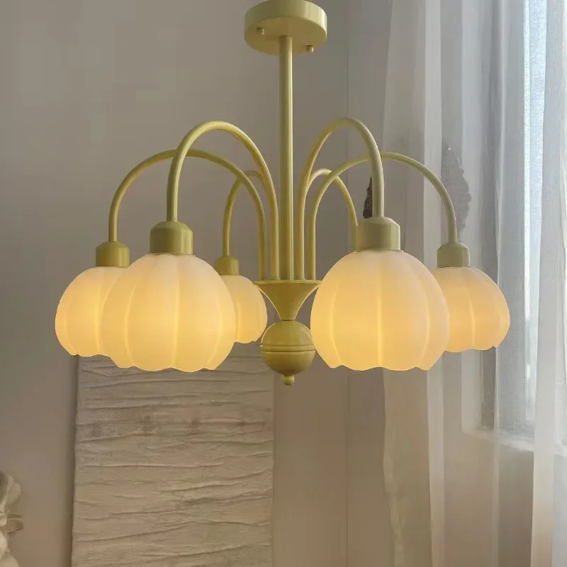 

French Cream Style Pumpkin Living Room Bedroom Chandelier Modern Minimalist Warm and Idyllic Bedroom Children's Room Glass Lamps