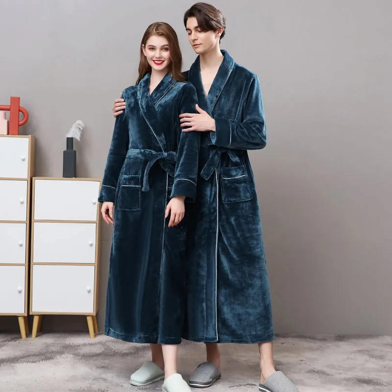 Men Flannel Kimono Bath Gown Ultra Long Robe Coral Fleece Nightgown Lovers Couple Thick Warm Sleepwear Dressing Gown 2023