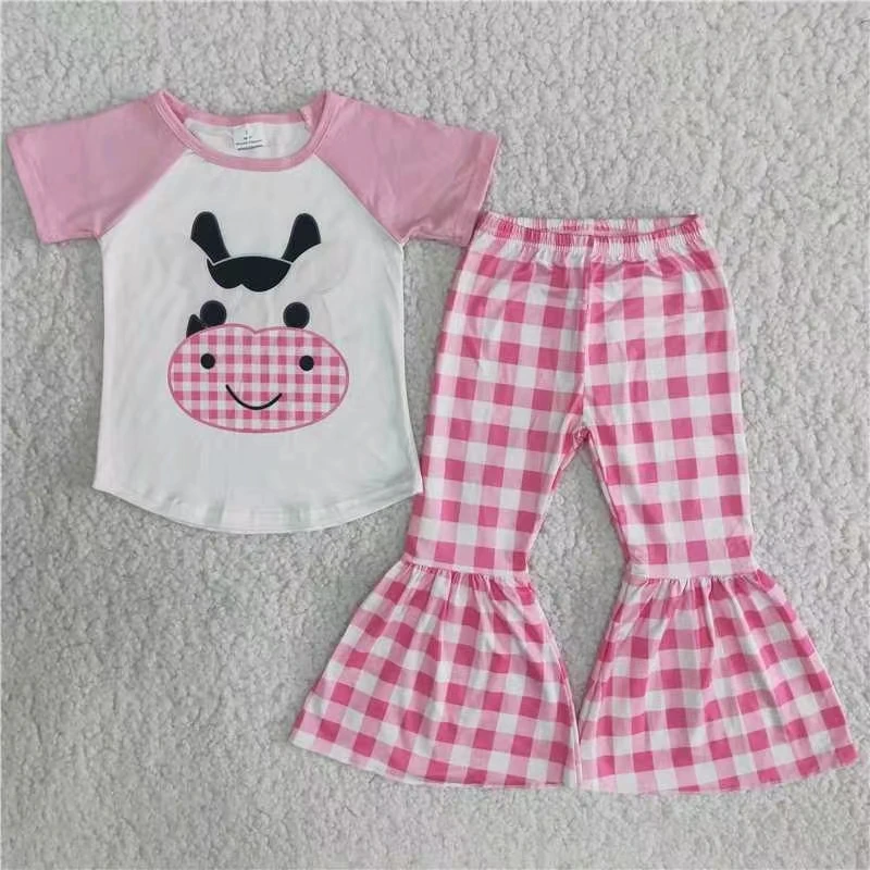 

boutique girl clothing set white short sleeve raglan top and pink plaid bell bottom pant kid autumn oufit ruffle pant clothes