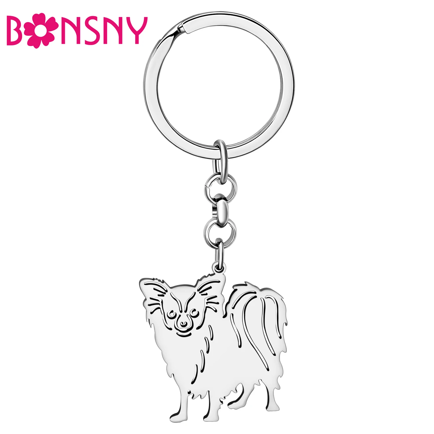 

Bonsny Stainless Steel Silver-plated Cute Papillon Dog Keychains Pet Animals Key Chains Keyring For Women Gifts Wallets Charms