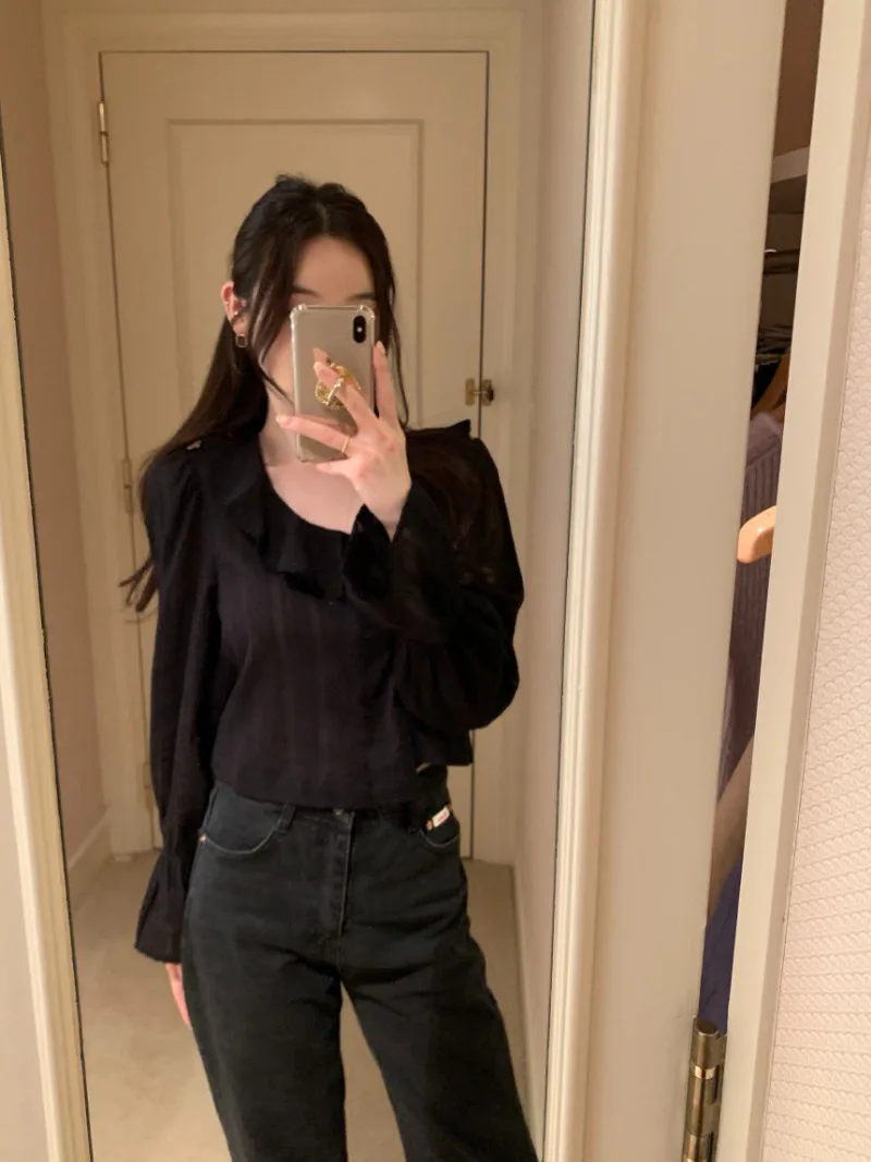 Женские рубашки с милыми оборками блузки расклешенными длинными рукавами Blusas Mujer