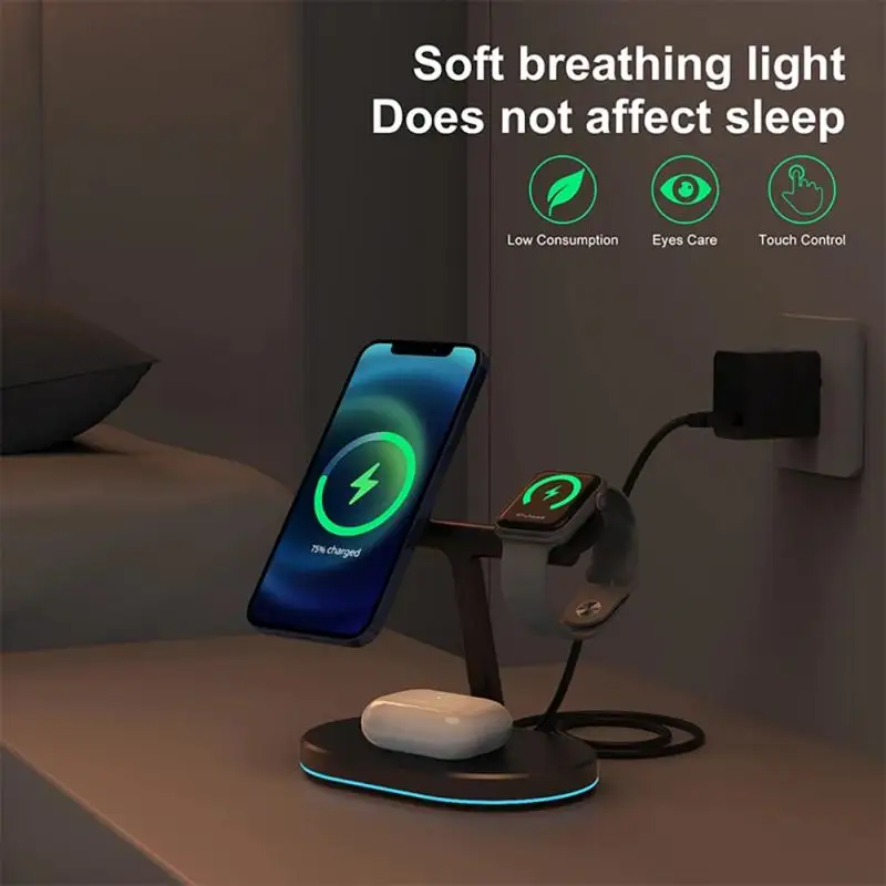 

3 в 1, магнитная Беспроводная зарядная подставка для IPhone 12, 10 Вт, док-станция для быстрой зарядки QI для Airpods/Apple Watch