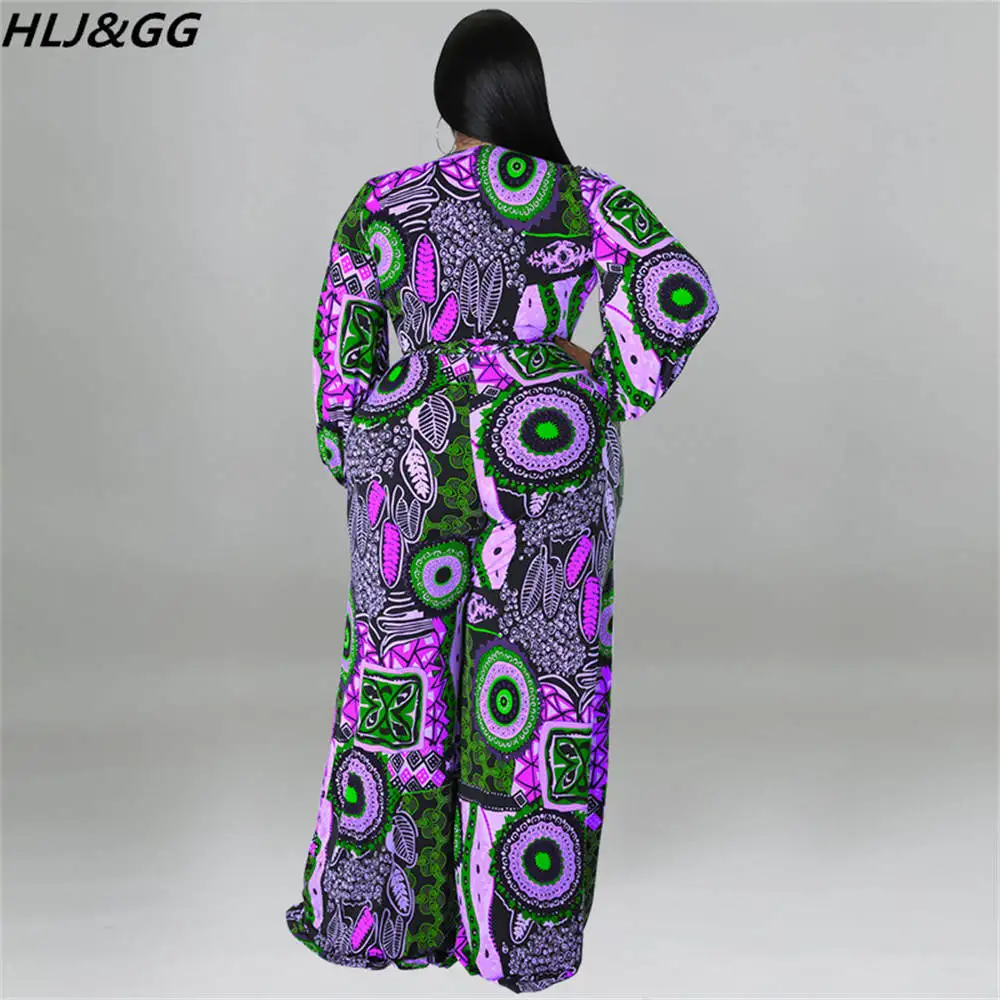 HLJ&GG Fall Winter African Retro Print Bandage Jumpsuits Women V Neck Long Sleeve Wide Leg Pants One Piece Rompers Female XL-5XL