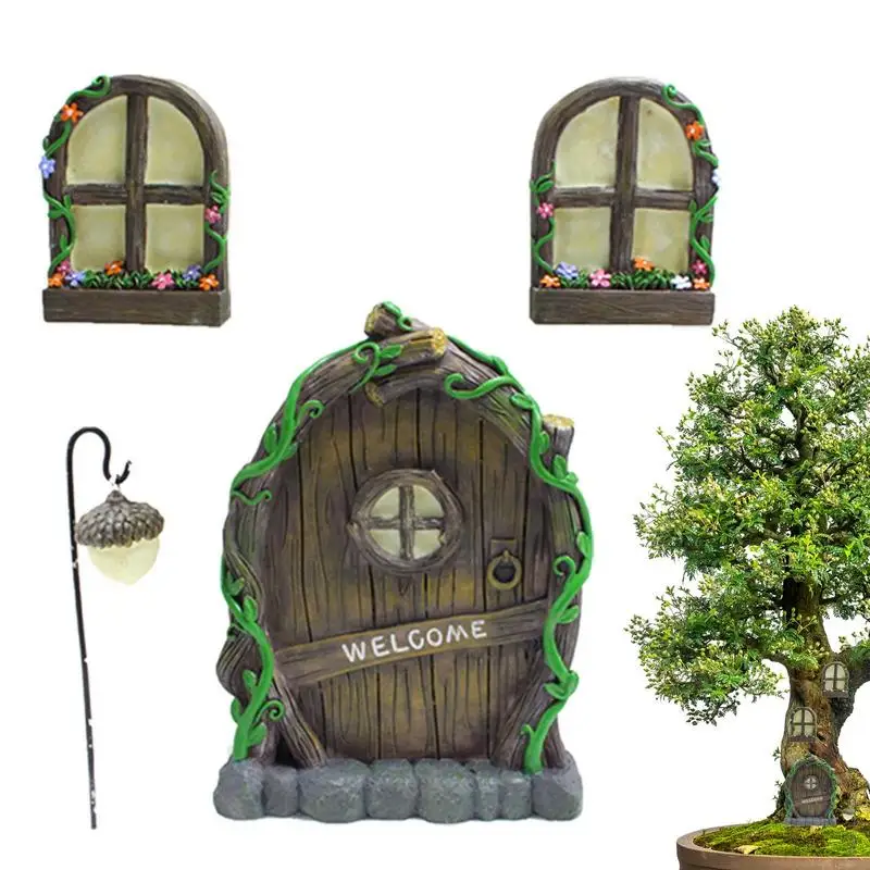 

Yard Art Decor Garden Decoration Opening Fairy Door And Window For Trees With Light Miniature Fairy Garden Outdoor Decor