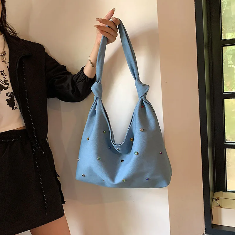 Роскошная вместительная джинсовая дамская сумка через плечо блестящий