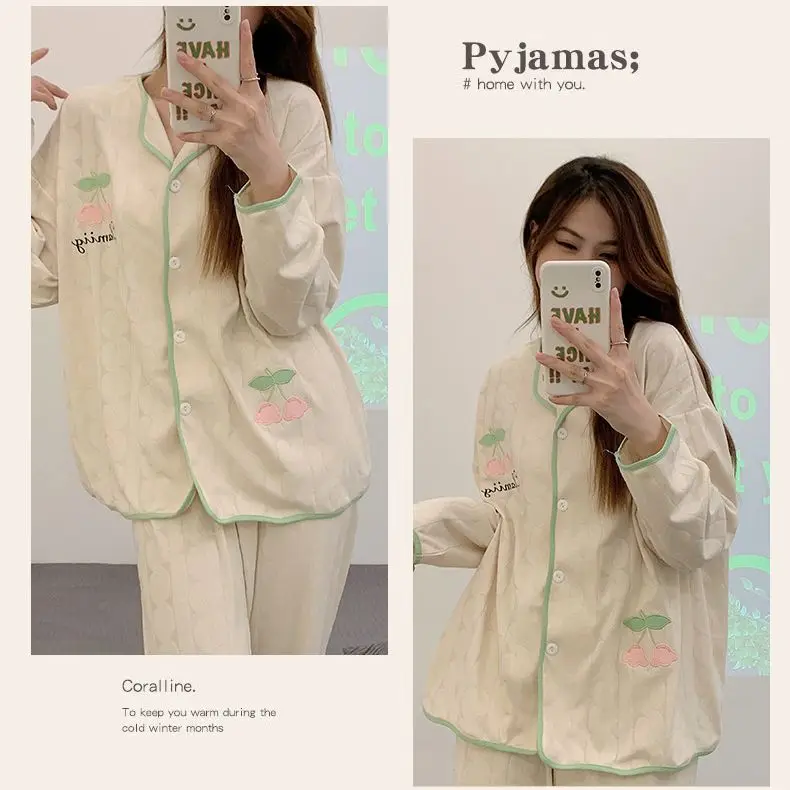 Yasuk Spring Autumn Fashion Women Casual Soft Print Sleepwear Homewear Pajamas With Pants Sweet Fruits Cherry Girl Simple