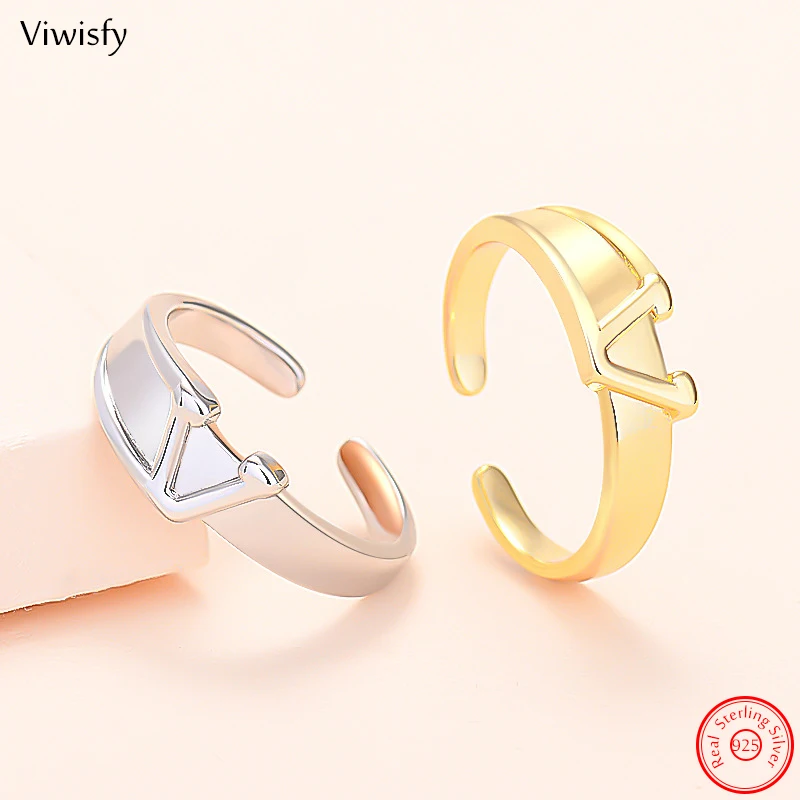 

Viwisfy Real 925 Sterling Silver Ring For Women Letter V Opening Gold Color Finger Jewelry Gift Girl New VW22017