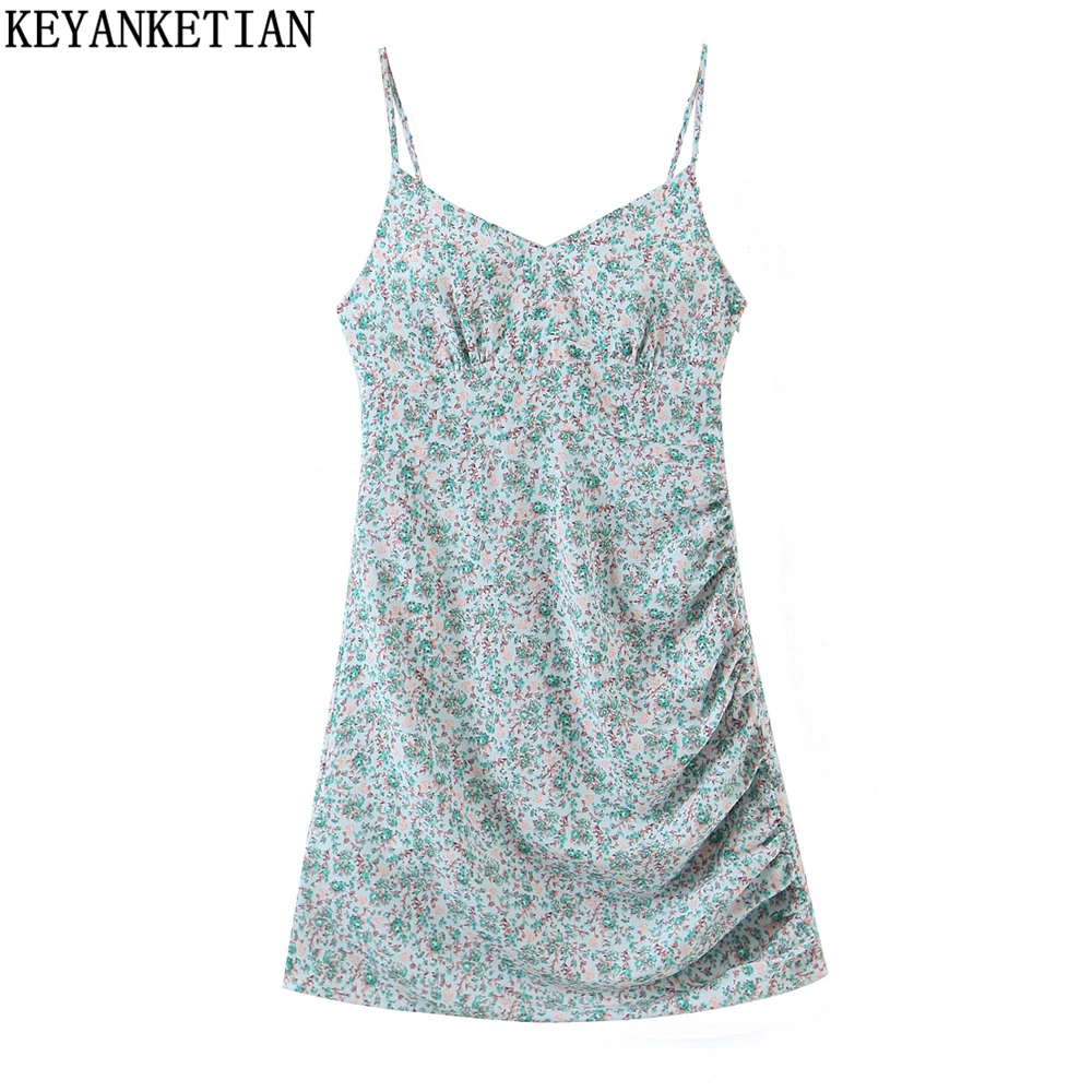 

KEYANKETIAN Ladies Floral Sling Dress 2022 Summer New Resort Wear V-Neck High Waist Pastoral Print Women's Mini Skirt