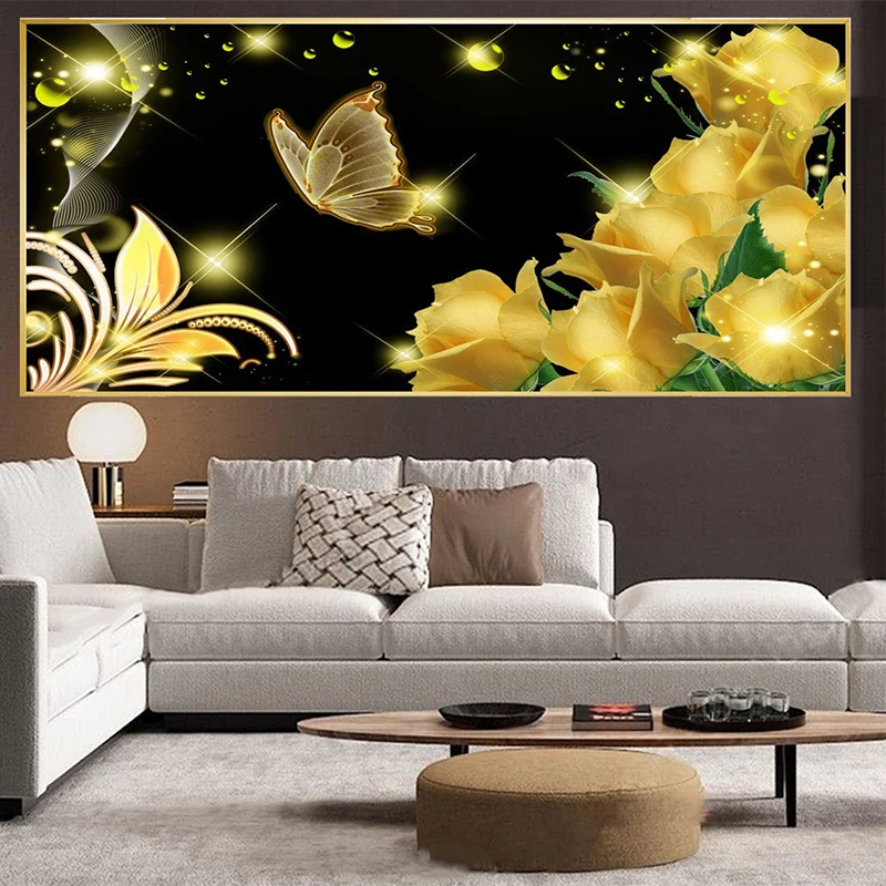 

5D Diamond Painting Golden Rose Full Diamond Art Embroidery Large Restaurant Office Home Decore Diamond Cross Stitch Kits