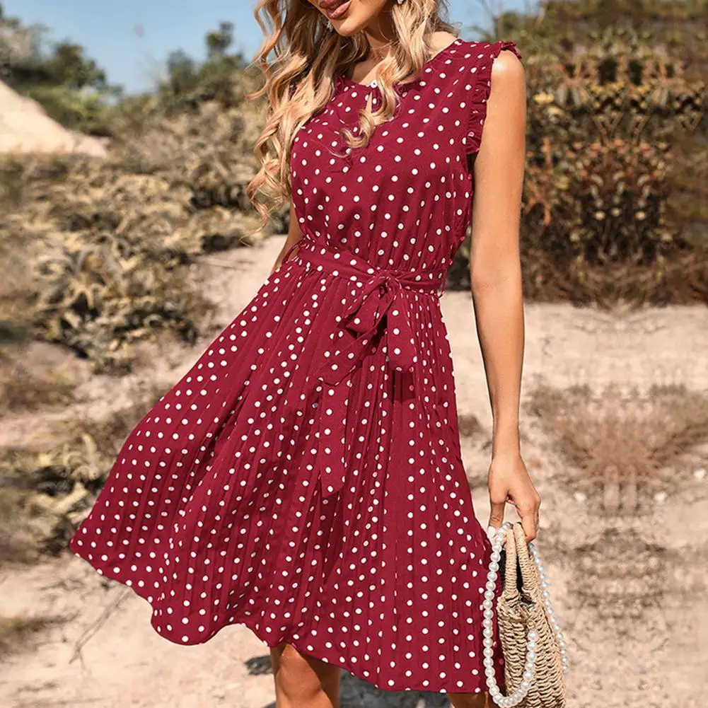 

Summer Dress O-neck Flying Sleeve Front Hollow Mini Dress Dot Print Belt Pleated Hem Women Dress Female Clothing فستان vestido