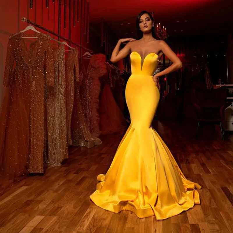 

Party Dresses Women Evening Elegant Sexy Sleeveless Backless Strapless Yellow Mermaid Dress Weeding Prom Gowns Long Maxi Dress