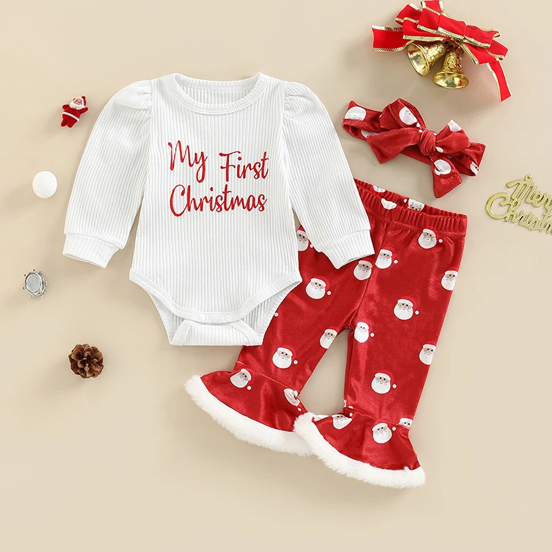 

Free Shipping Christmas Baby Girls Romper Clothes Sets Romper+Bowknot Headband Santa Claus Print Flare Pants 3pcs Neweborn Set