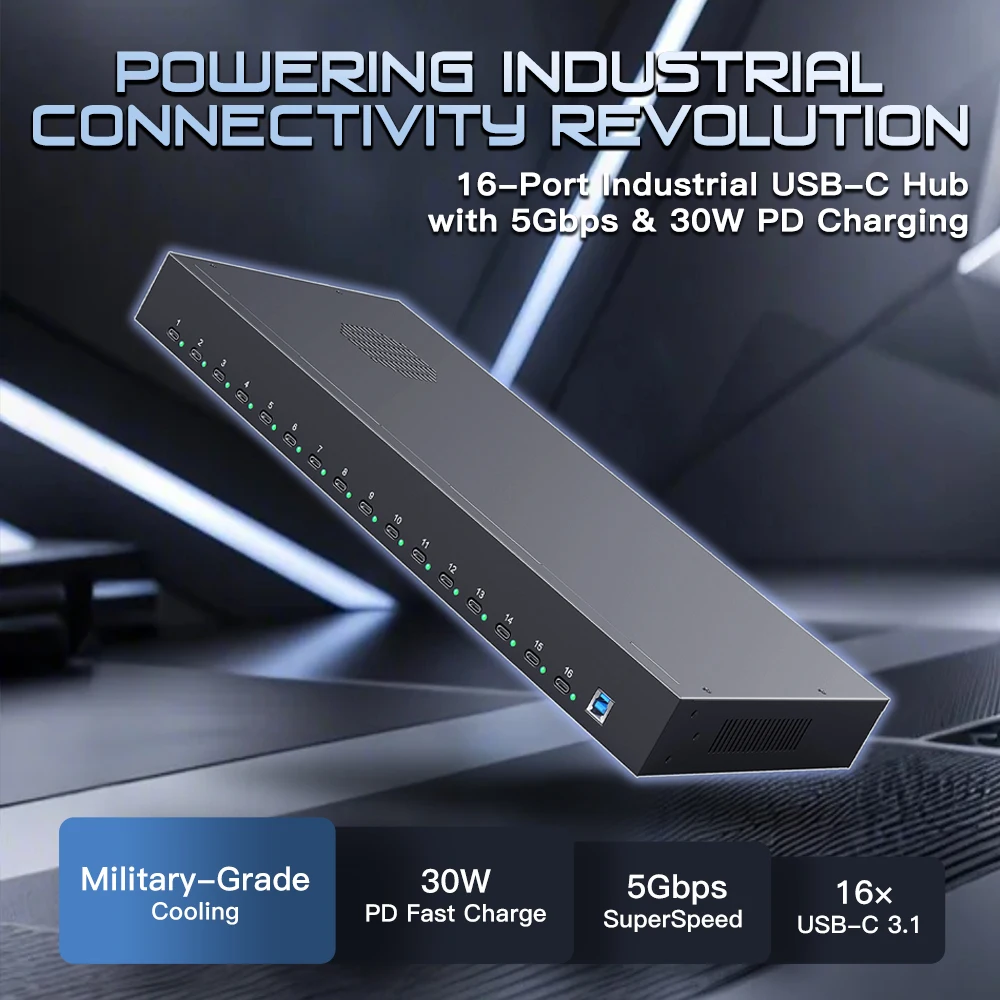 Фото Промышленный USB-C хаб A-165CP на 16 портов, USB3.1 Gen1, 5 Гбит/с, быстрая зарядка 30 Вт PD №4
