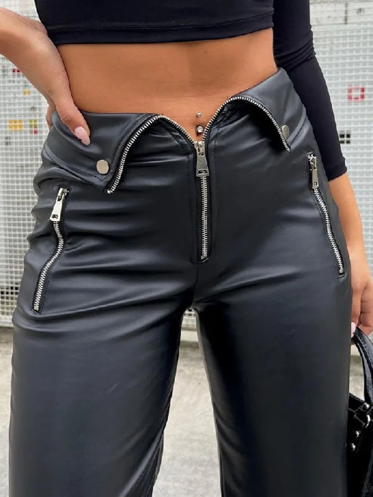 Cryptographic PU Leather Zip Up High Rise Pants Club Party Casual Chic Straight Leg Pants for Women Trousers Pant Gothic Loose images - 6
