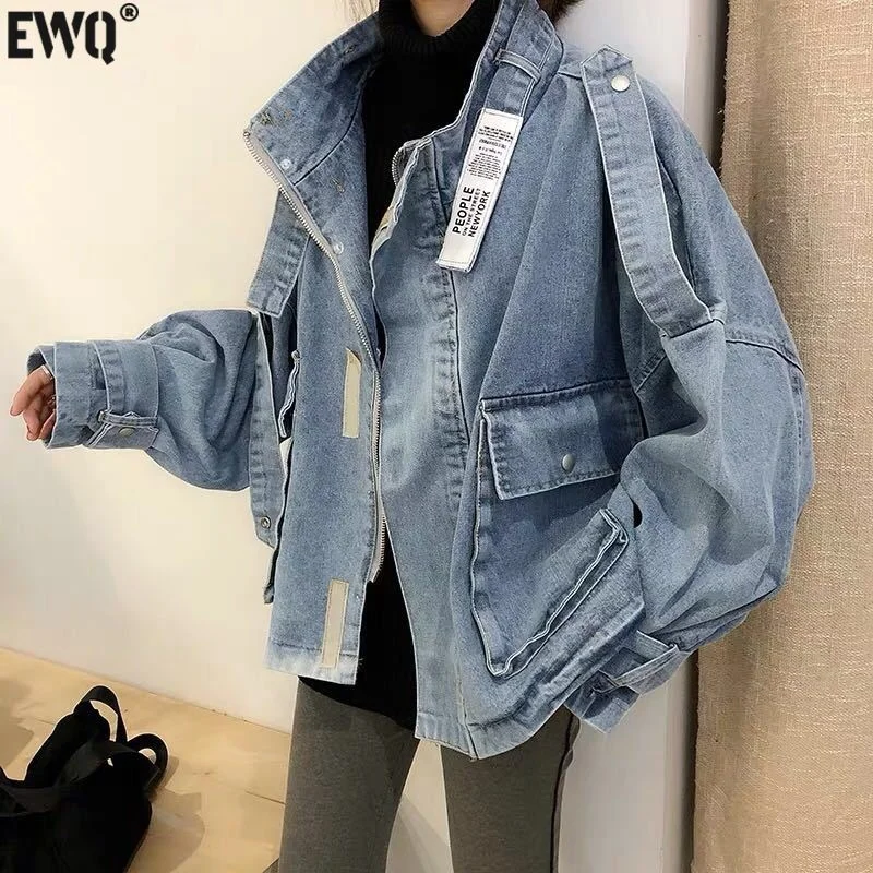 

[EWQ] Letter Button Lace-up Denim Jacket Women Vintage Pocket Splicing Long Sleeve Jackets Coat Spring 2023 Autumn New Outwears