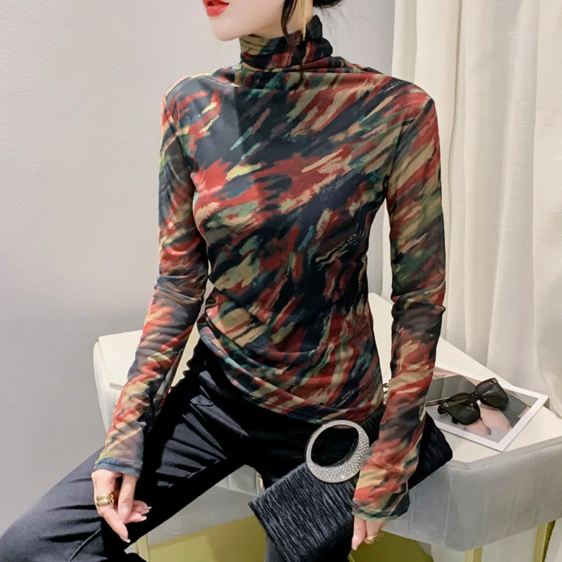 #8867 демисезонная Футболка с воротником хомут Женская сетчатая облегающая