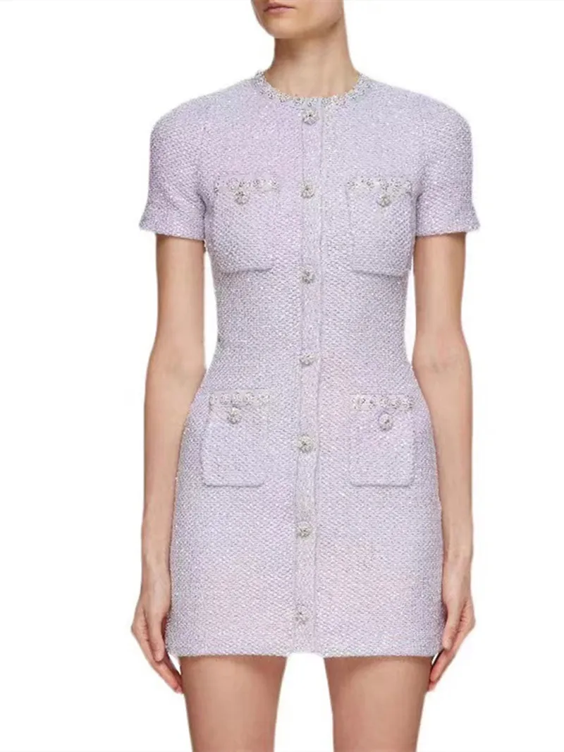 Rhinestone Buttons Ladies Sequins Tweed Mini Dress 2023 Summer New Pockets Decor Lady Short Sleeve Slim Elegant Knit Short Robe