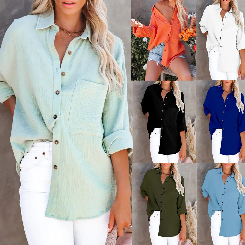 

Autumn simple long sleeve V-neck button women's cotton linen shirt women's wear