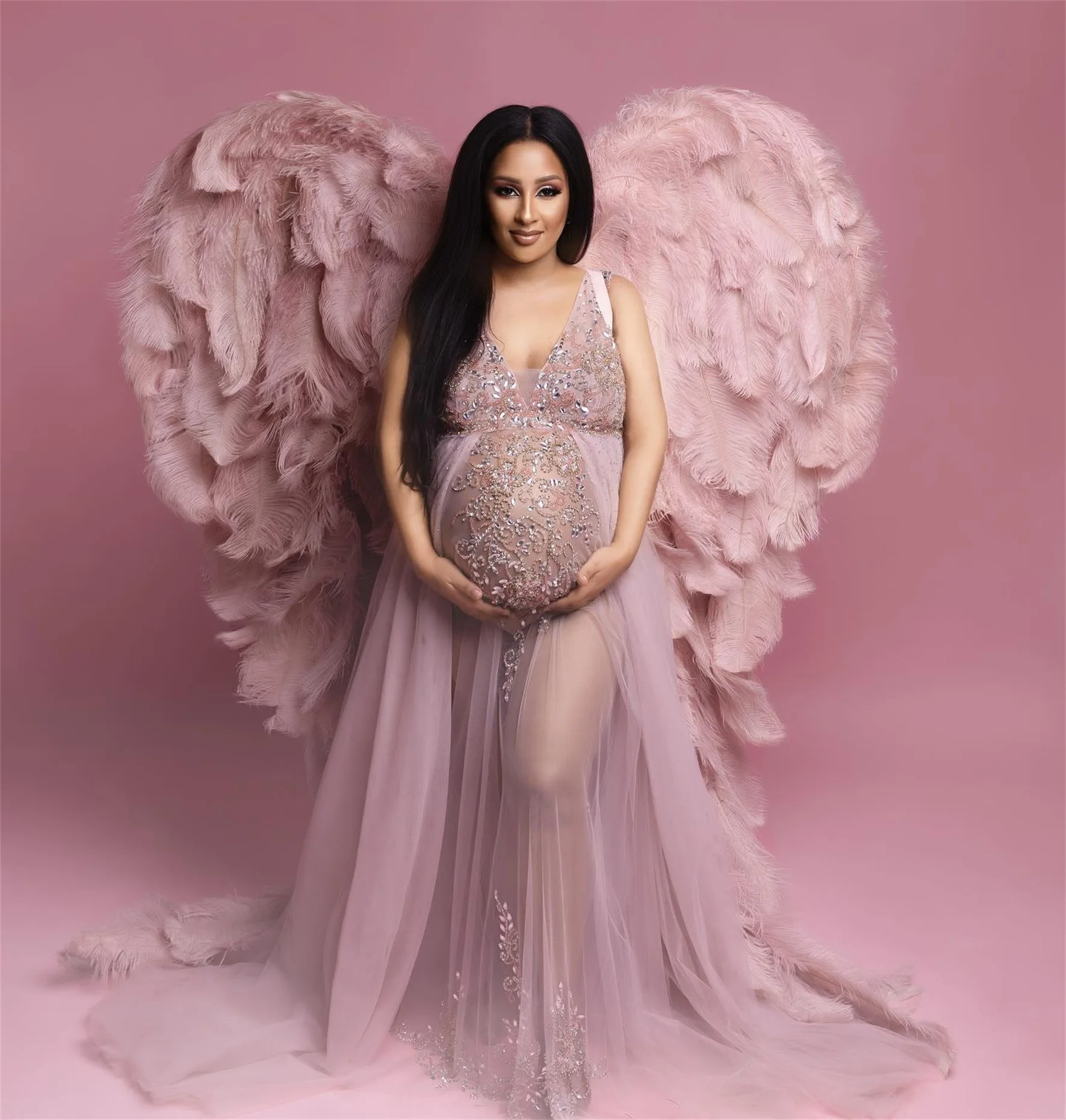 

Sexy Maternity Photoshoot Dresses Deep V Neck Lace Beaded Tulle Pregnant Women Gowns for Babyshower Wedding Party Prom Bathrobe
