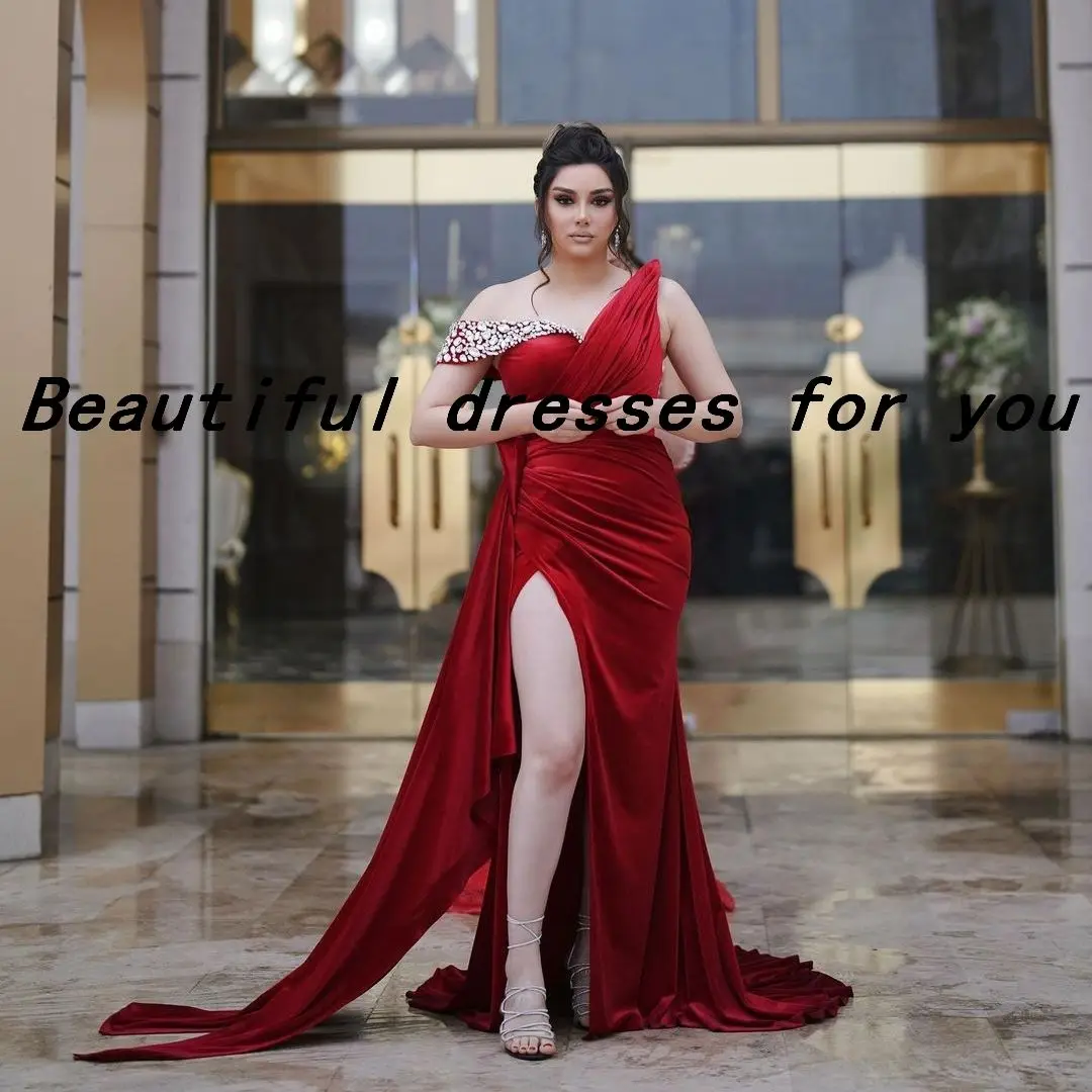 

FDY Store Mermaid Red Satin Prom Dresses Off The Shoulder Crystals Floor Length Saudi Arabic Women Evening Gowns Party Dress