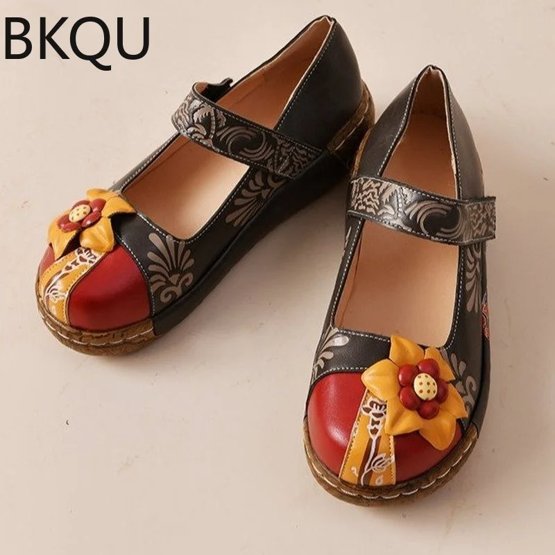 

Casual Vintage Flat Shoes Women Printed Leather Bohemian Summer Beach Shoes Retro Flower Backless Slip-on Flats Zapatos