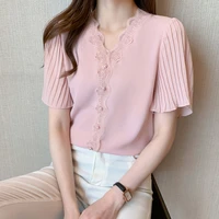 summer femme blouses v neck white blouse chiffon blouse shirt tops short sleeve blusas mujer de moda fashion spring shirts