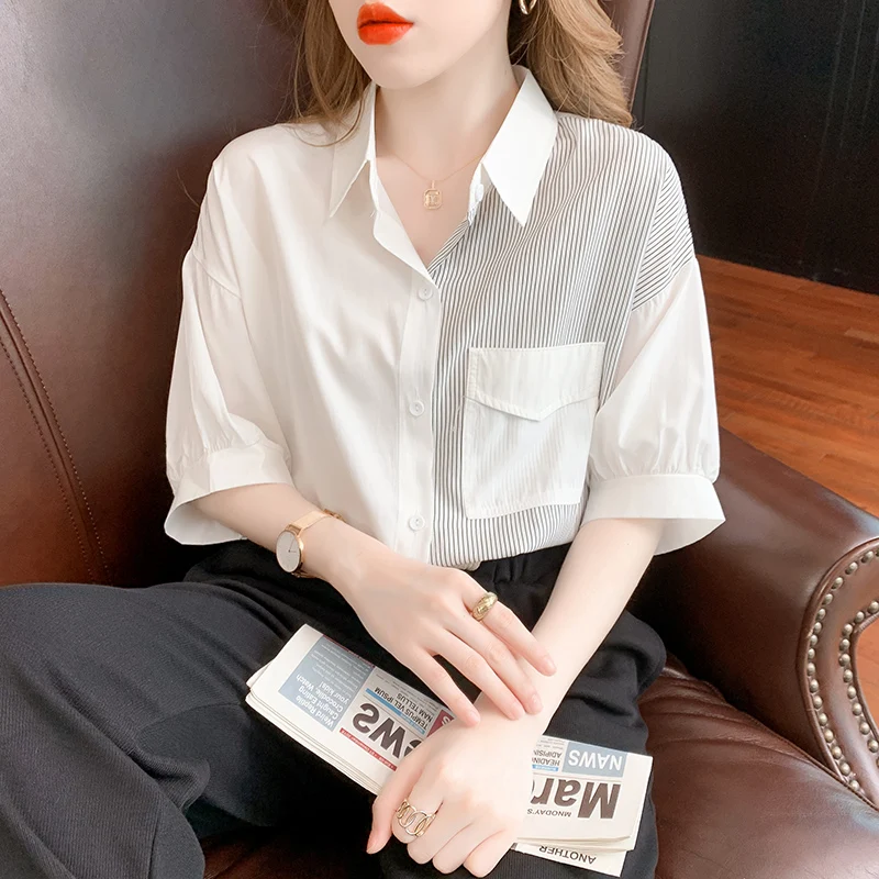 

Summer Short Sleeve Blouse Womens Striped Splicing Blouse Tops Women Blusas Mujer De Moda 2022 New Lapel White Blouse Shirts