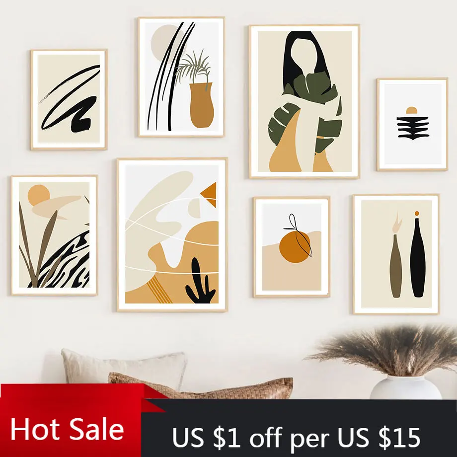 

Настенная Картина на холсте в стиле бохо, ваза, лист монстеры, солнце, абстрактные линии для девочек, плакаты и принты, настенные картины для ...