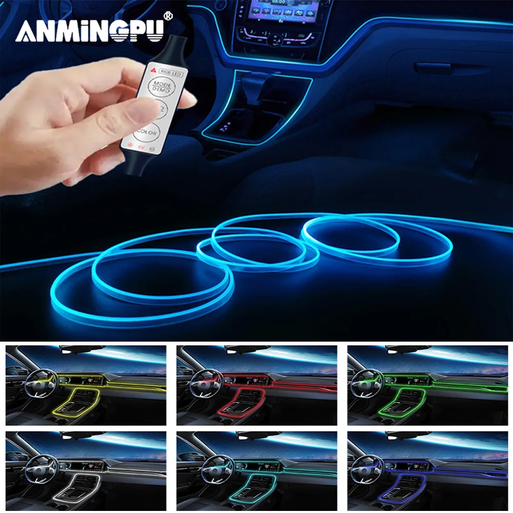 

Неоновая автомобильная светодиодная лента ANMINGPU, светодиодная декоративная лампа RGB для салона автомобиля, сделай сам, оптоволоконная центральная консоль, приборная панель