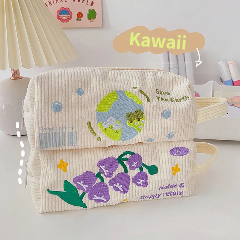 

1pc Cute Pencil Bag Kawaii Embroidery Floral Earth Pencil Case Fabric High Capacity Pen Storage Bag Student Stationery