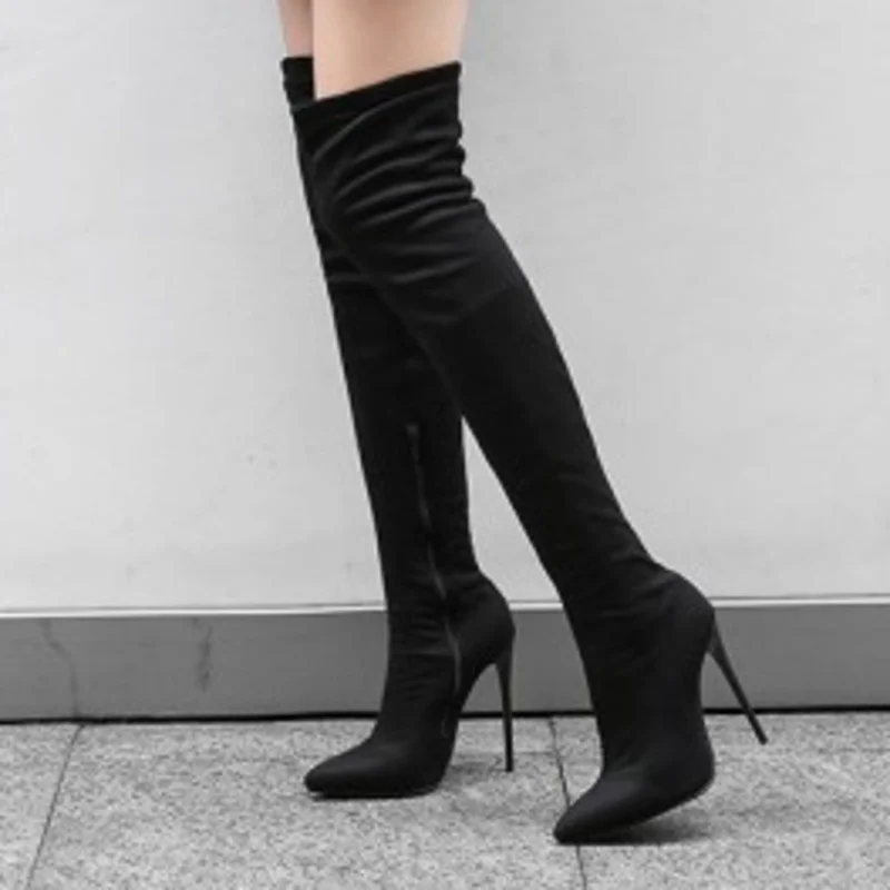 Black Leather Thigh High Boots 2023 New High Quality Women Shoes Sexy Thin Heel Pointed Toe Over The Knee Boots Lady
