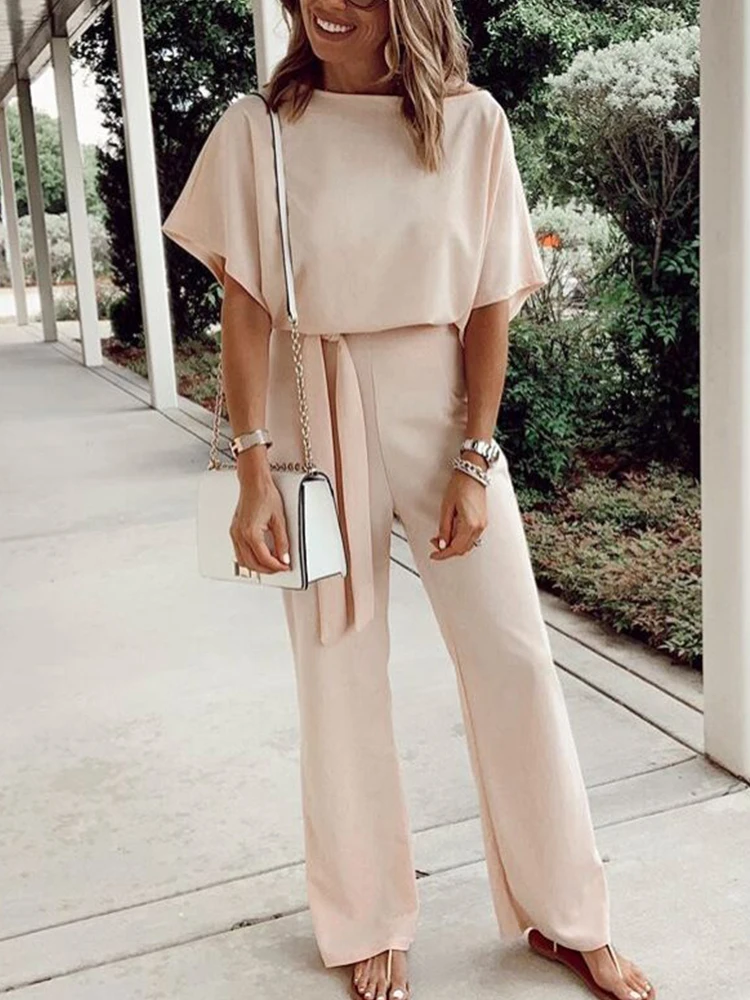 

Elegant Women Loose Solid Color Jumpsuit Fashion O Neck Short Sleeve Casual Draped Romper 2022 Commute Female Office Belt Romper