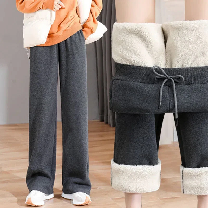 

MEXZT Winter Thicken Warm Plush Pants Women Fashion Harajuku Casual Elastic High Waist Wide Leg Pants Solid Fleece Baggy Pants