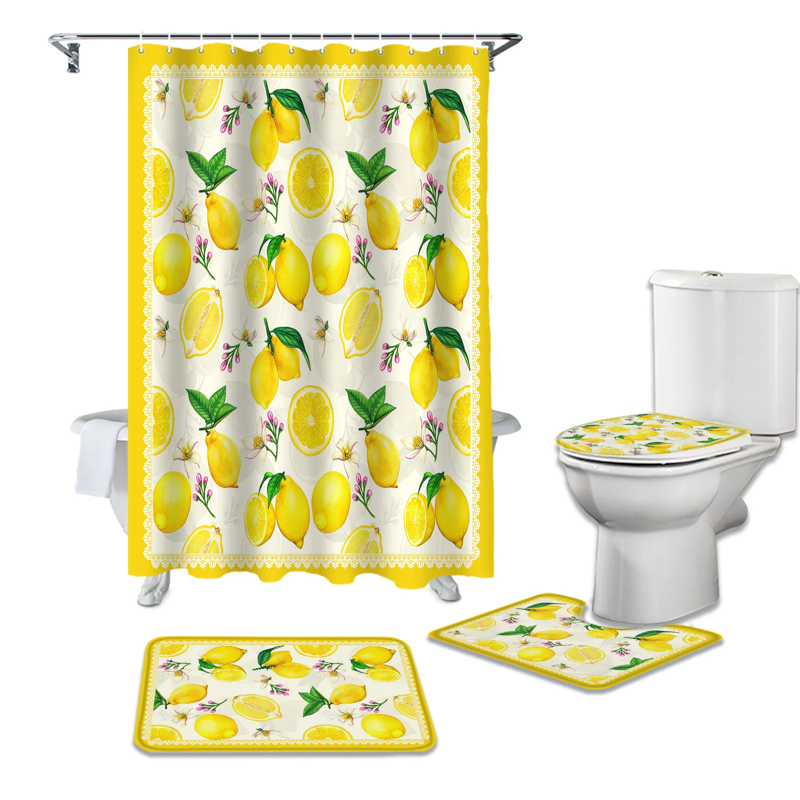 

Lemon Yellow Pastoral Style Shower Curtain Toilet Lid Cover Bath Mat Set Bathroom Curtains Non-slip Rug Bathtub Home Decor