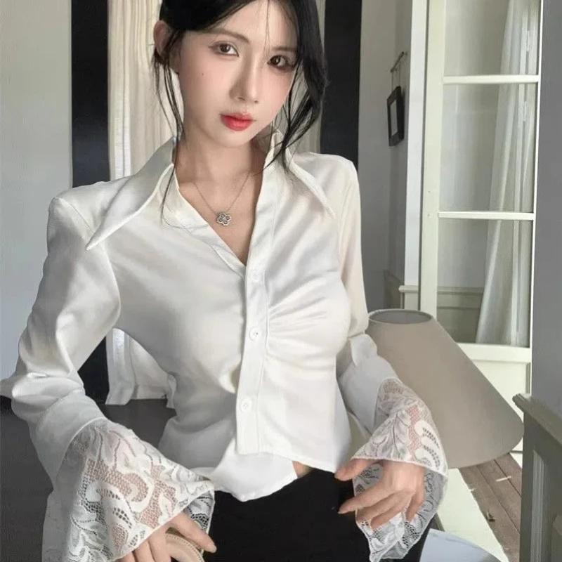 Женская рубашка с рукавом-фонариком однотонная Модная полуоткрытым воротником в